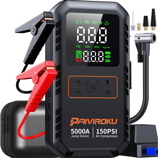 4-IN-1 Car Jump Starter with Air Compressor Peak 5000A Auto Battery Booster 150PSI Air Pump Portable Power Bank Tire Inflator