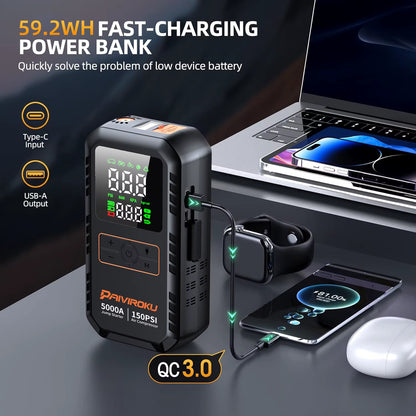 4-IN-1 Car Jump Starter with Air Compressor Peak 5000A Auto Battery Booster 150PSI Air Pump Portable Power Bank Tire Inflator